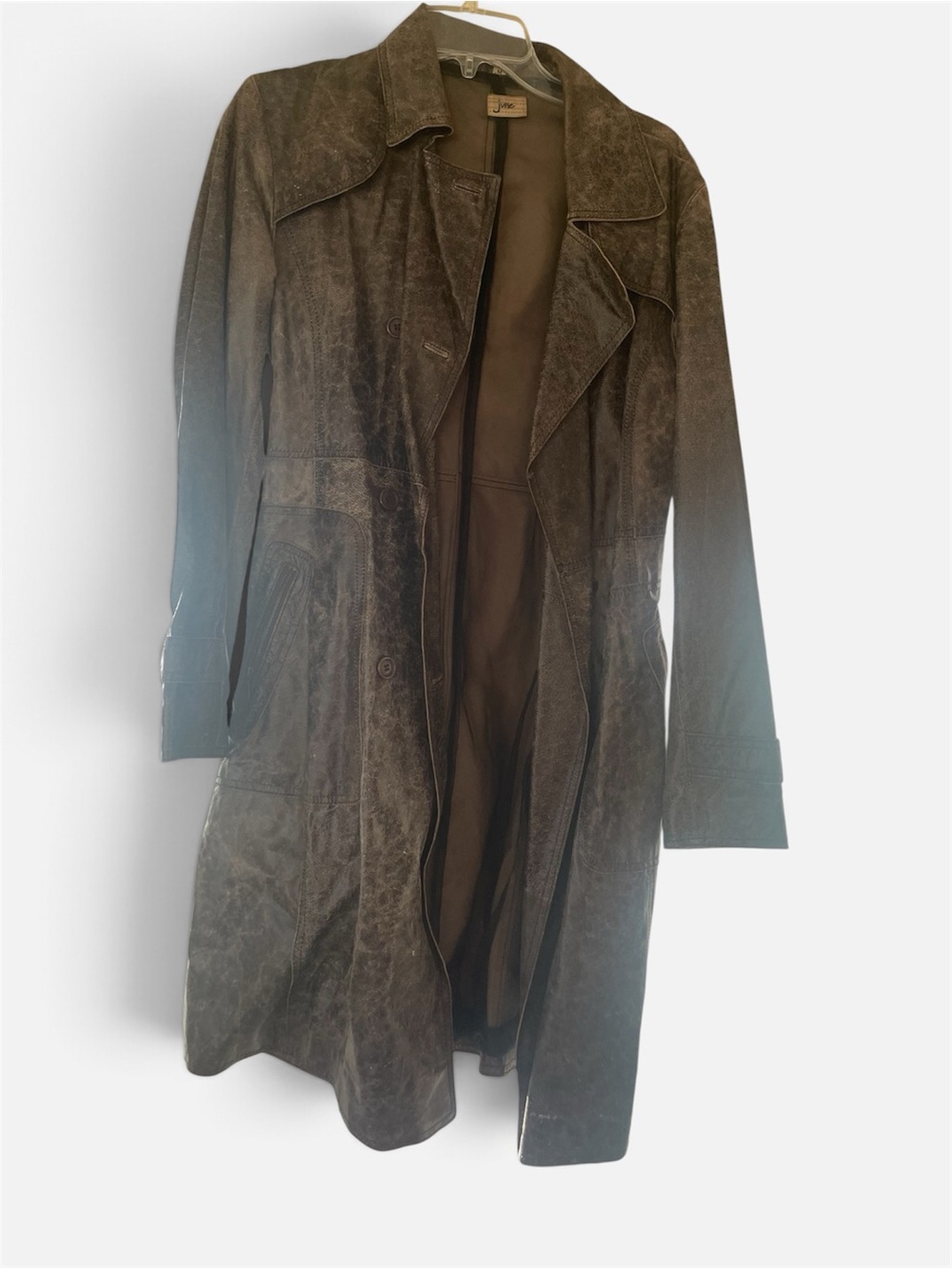 June Women's Distressed Leather lined Brown Trench Coat knee length Size Medium